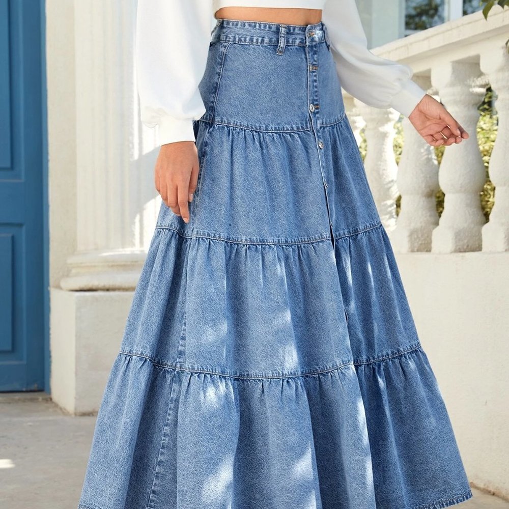 Blue Casual Womens Button Front Ruffle Hem Denim Skirt - Picture 5 of 5